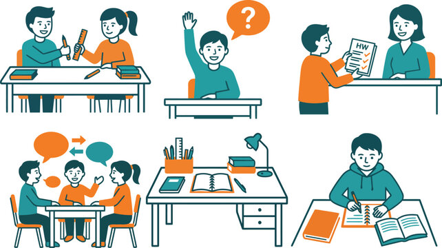 Student classroom behavior icons and educational learning habits flat vector set
