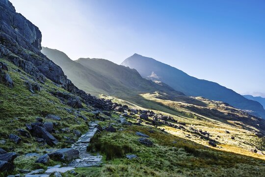 Autumn colours of Pen-y-Pass over Miner's Track, Start Point and road A4086, Snowdonia, Wales, UK
