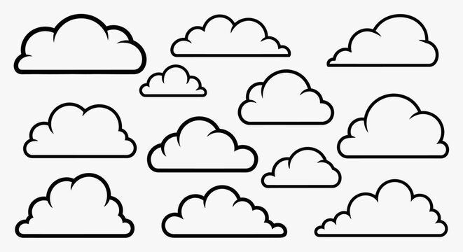 Set of various hand drawn cloud icons with black outlines on white background.