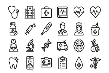 Fototapeta premium Medical and Healthcare Line Icons Set. Vector Minimalist Outline Hospital, Doctor, Clinic, First Aid, Lab Research, and Health Care Icons Collection Isolated on White Background.