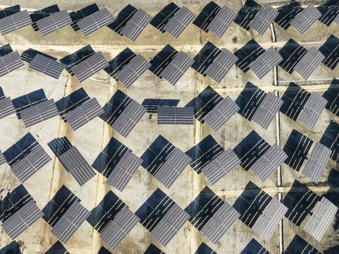 Rows of solar panels at a photovoltaic plant near Vejer de la Frontera. Aerial view. Drone shot. C&aacute;diz province, Andalusia, Spain