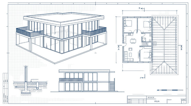Modern residential building CAD drawing featuring architectural floor plans, elevations, and structural design concepts for contemporary house construction