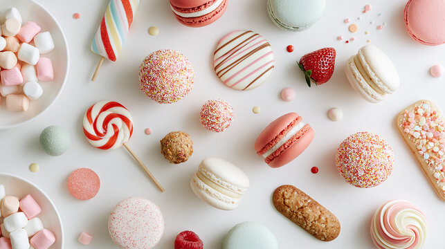 Flat Lay of Colorful Sweets and Macarons on White Background