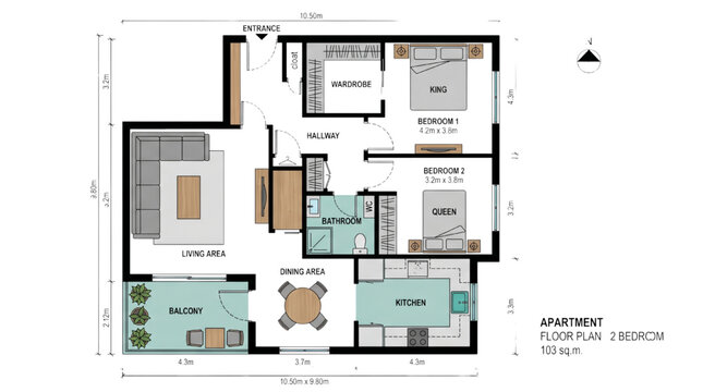 Apartment Floor Plan CAD Drawing with Two Bedrooms and Balcony - 70 sq.m