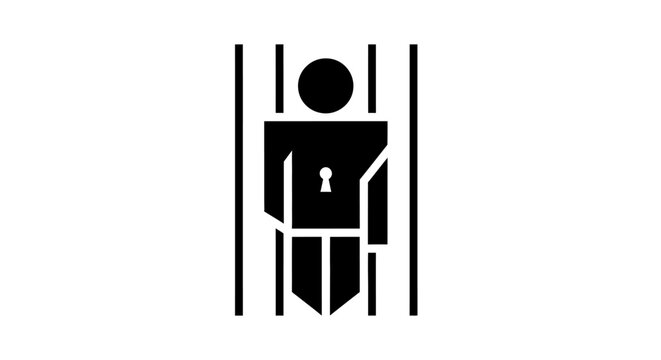 Minimalist icon of a person trapped behind prison bars with a keyhole.