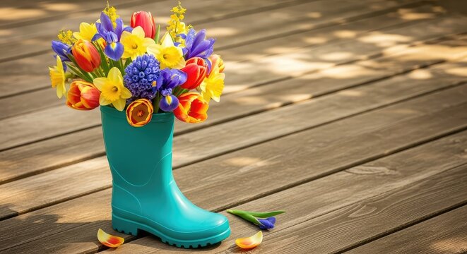 A colorful bouquet of vibrant spring flowers blooms inside a bright teal rubber rain boot, resting on a wooden deck under warm sunlight, greenery, rainboot, rubber