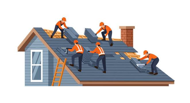 Professional Roofing Construction Team Installing Shingles on House Roof Vector Illustration