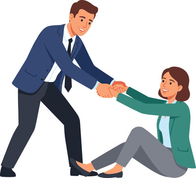 Businessman Helping Businesswoman Stand Up After Falling Down for Support, Teamwork, and Helping Hand Business Concept Designs