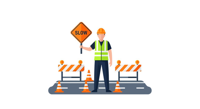 Construction Worker Holding Slow Sign for Road Traffic Control and Maintenance Safety Flat Vector Illustration
