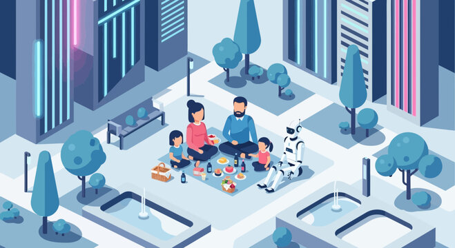 Artificial intelligence ai robot human trading family picnic