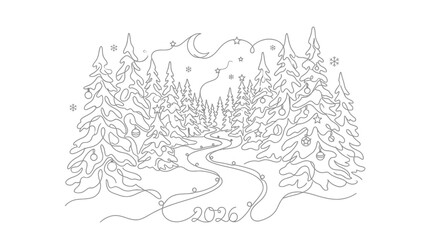 Naklejka premium Continuous Line Art Drawing of 2026 New Year Winter Forest with Decorated Pine Trees