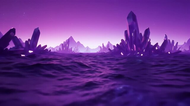 Surreal purple crystal landscape with glowing peaks over rippling water