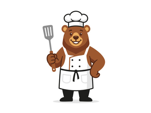 A cartoon bear chef holding a spatula wears an apron and hat.