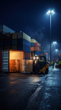Forklift moving pallets from glowing shipping container at night port. Concept of cargo handling, port logistics, supply chain speed, night shift delivery.