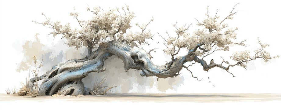ancient twisted tree art with branches forming surreal shapes of animals, conceptual fantasy design on white background