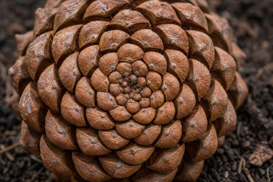 Extreme close-up of a pinecone on soil, focusing on its Fibonacci spiral pattern of scales.