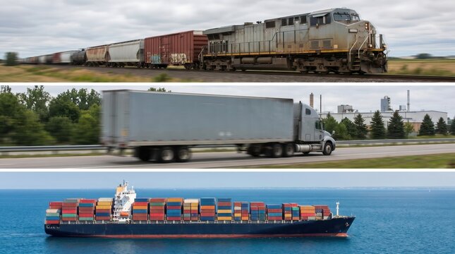 Freight transport comparison with train truck and container ship routes. Concept of supply chain planning, cargo mode selection, freight strategy, transport costs.
