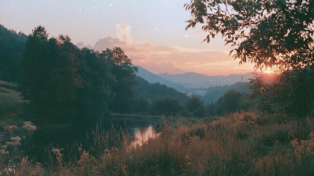 Vintage Film Style Sunset over Mountain Valley and Lake