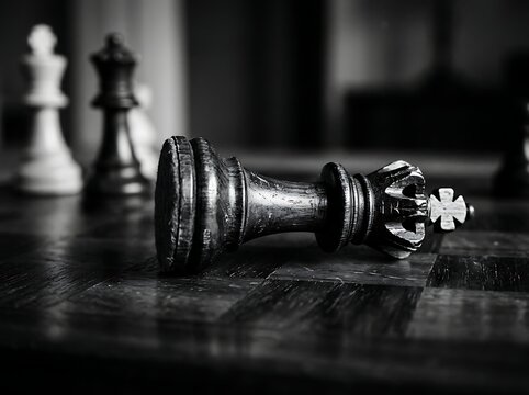 Fallen King Chess Piece on a Dark Wooden Board.