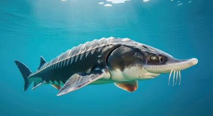 Fototapeta premium A massive prehistoric sturgeon glides through clear river water, showing its bony armor and long snout in a natural aquatic habitat, ancient, sturgeon, biology