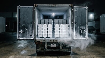 Fototapeta na wymiar Refrigerated truck loaded with frozen containers for medical cold chain delivery. Concept of pharma transport, temperature control, lab supply, secure shipping.