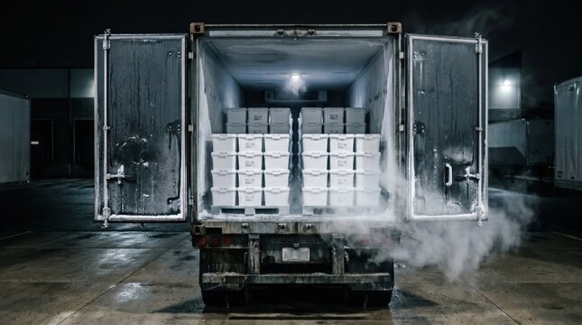 Refrigerated truck loaded with frozen containers for medical cold chain delivery. Concept of pharma transport, temperature control, lab supply, secure shipping.