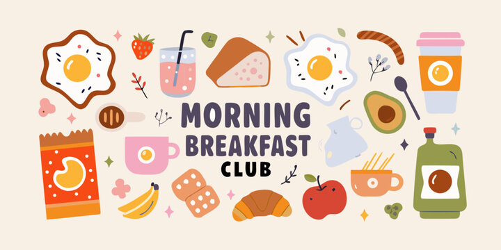 Breakfast Food Illustration Featuring Eggs Fruit And Cereal