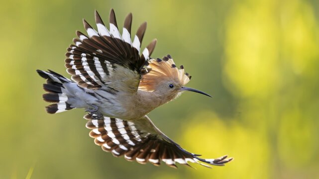 Hoopoe (Upupa epops) Bird of the Year 2022, male with food, mating, courtship, foraging, erect canopy, sunrise, interaction, flying, approaching, wings, climate change, Middle Elbe Biosphere Reserve, Saxony-Anhalt, Germany