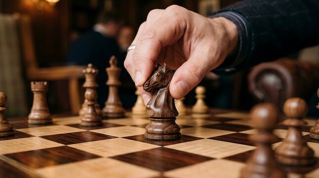 Close up of a hand moving a chess piece on a wooden chessboard.