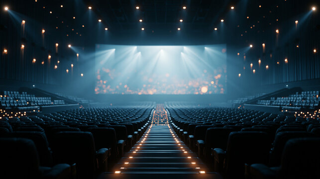 Empty Modern Movie Theater Auditorium with Bright Stage Lights
