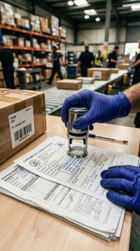 Customs documents stamped beside international parcel in warehouse checkpoint. Concept of cargo clearance, import export control, shipping paperwork, trade compliance.