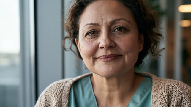 Menopause workplace middle aged Brazilian plus size woman flushed