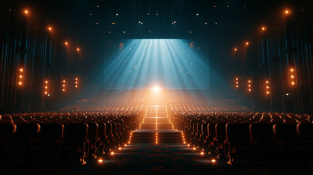 Empty Movie Theater with Glowing Screen and Warm Ambient Lights