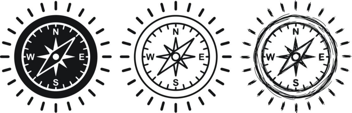 Set of three different compass icons showing navigation direction and guidance for travel and exploration on transparent background