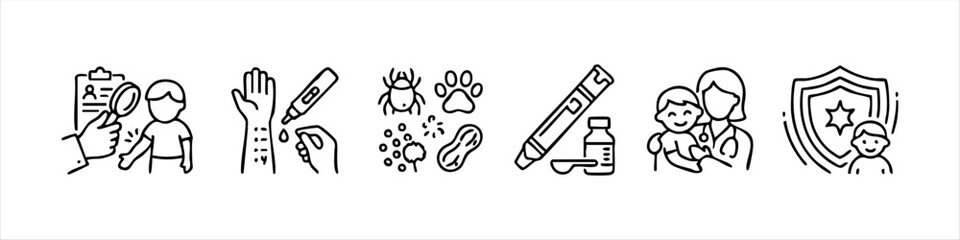 Professional line icon set for pediatric allergy diagnosis and treatment, featuring skin prick tests, common allergens like peanuts and pollen, epinephrine pens, and doctor consultations. © temastadnyk