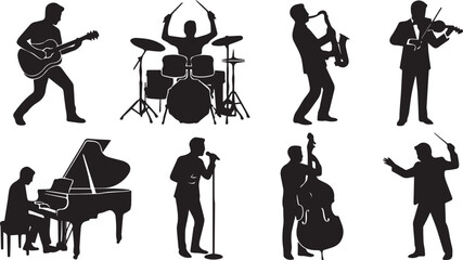 Live Music Band and Orchestra Musicians Silhouette Icon Set Featuring Singer Conductor and Instrumentalists Vector © MstHosneara