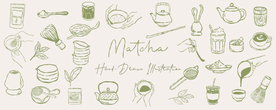 Collection of hand-drawn matcha tea sketches featuring cups, bowls, bamboo whisk, teapot, leaves, and traditional tea accessories. Minimal doodle vector set inspired by Japanese tea culture and wellne