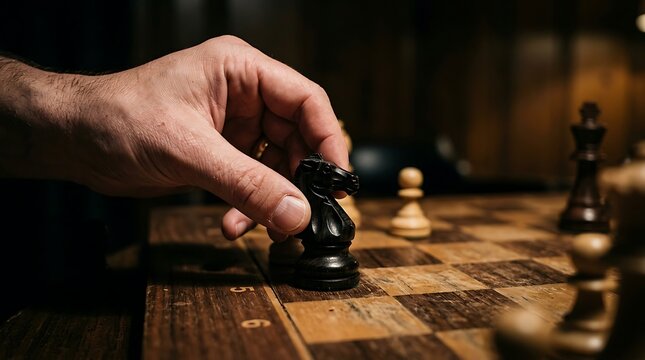 Close up of a hand moving a black knight chess piece on a wooden chessboard.