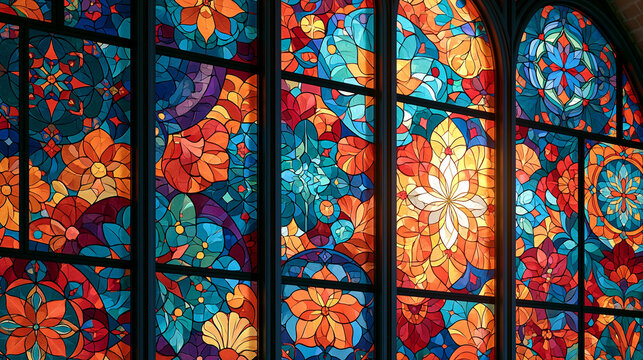 Vibrant Colorful Stained Glass Window with Floral Patterns