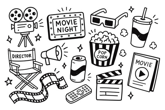 Movie Night Doodle Sketch Set Vector Illustration with Popcorn, Film Reel, Director Chair, Clapperboard, Cinema Glasses and Entertainment Icons
