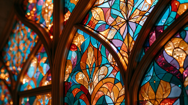 Intricate Colorful Stained Glass Window with Arched Frames