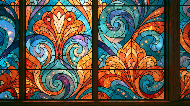 Vibrant Colorful Stained Glass Window with Swirling Floral Patterns