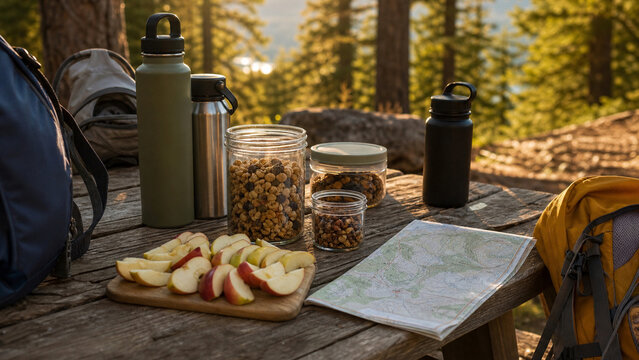 Outdoor hiking setup with trail snacks, water bottles, backpacks, and a map on a rustic picnic table in a sunlit forest setting.