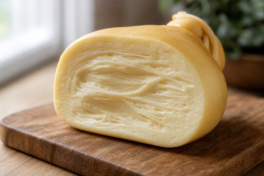 Half of a scamorza cheese cut open on a wooden board, revealing its pale yellow, stringy interior.