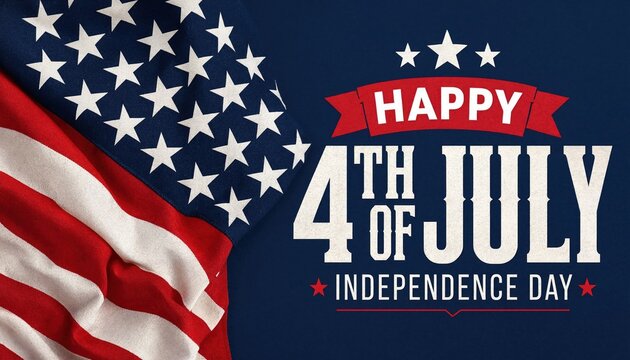 Happy independence day greeting banner with red ribbon and draped american flag background.