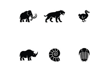 Black and White Silhouette Design Set of Extinct Animals featuring Woolly Mammoth Saber Tooth Tiger Dodo Bird Woolly Rhino Ammonite and Trilobite © Abdulla11