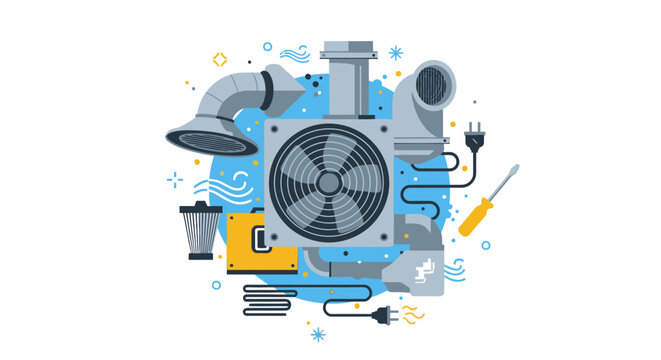Modern HVAC service and repair concept vector illustration. Flat design featuring air conditioning system, ventilation ducts, fan, filter, and maintenance tools on white.