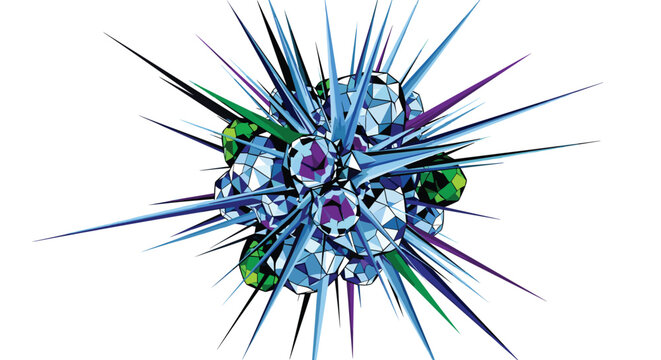 Abstract geometric cluster representing a quantum subatomic particle or a crystalline snowflake formation with sharp, radiating icy spikes.