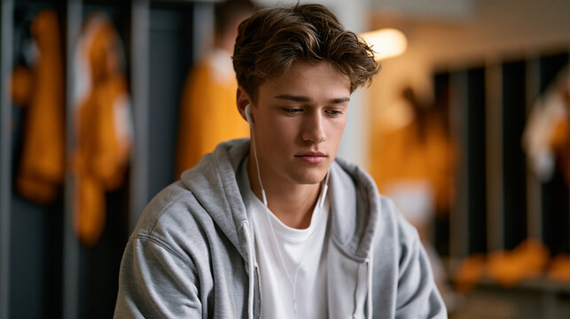 Athletic teenage boy sitting in a locker room after practice, head hung, earbuds in, listening to a guided anxiety relief audio, teammates visible in background heading out, private mental health mo