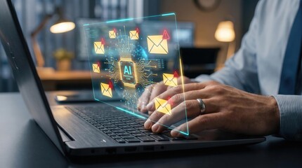 Fototapeta premium Business professional managing digital email communication and security on a laptop with futuristic holographic interface